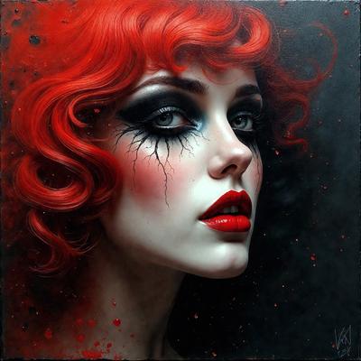 The primary subject of the image is a woman with red hair, wearing makeup and a red wig. She is looking directly at the camera, with a striking red background. The visual style of the image is a painting, which adds a unique and artistic touch to the scene. The colors and mood of the image are bold and vibrant, with the red hair and makeup creating a striking contrast against the red background.